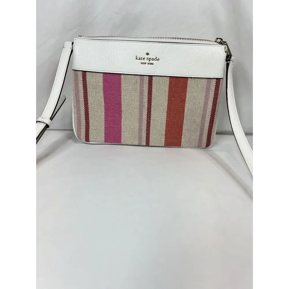 Kate‎ Spade Leila Triple Gusset Canvas Leather Crossbody Pink White Stripe SMALL